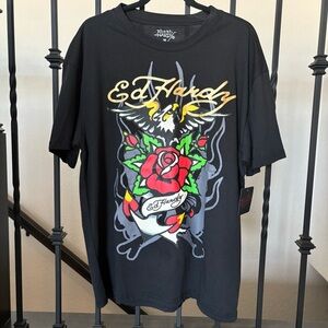 Ed Hardy Eagle Rose Graphic Print Black Short Sleeve T-Shirt Mens Size Medium